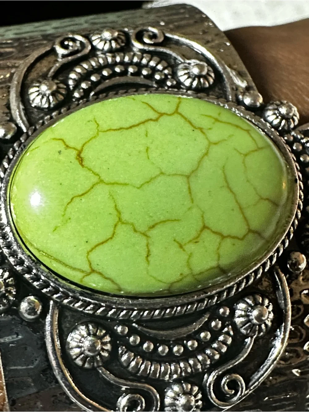 Silver Cuff Bracelet with Lime Green Stone